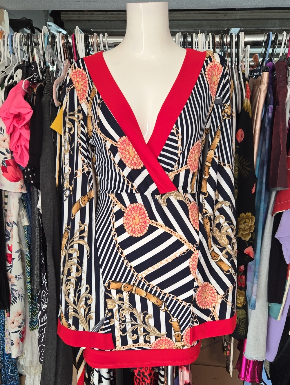 Striped Chain-Print Wrap Tunic with Red Trim